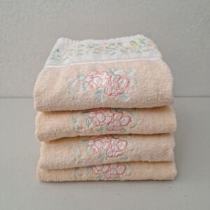 Vintage 4 Bath Towels Embroidered Pink Flowers on Peach Towel  w/ Flower Borders